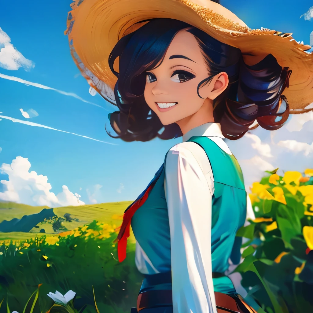 masterpiece, best quality, spring outfit, colorful hair,  outdoor,cloud ,upper body,