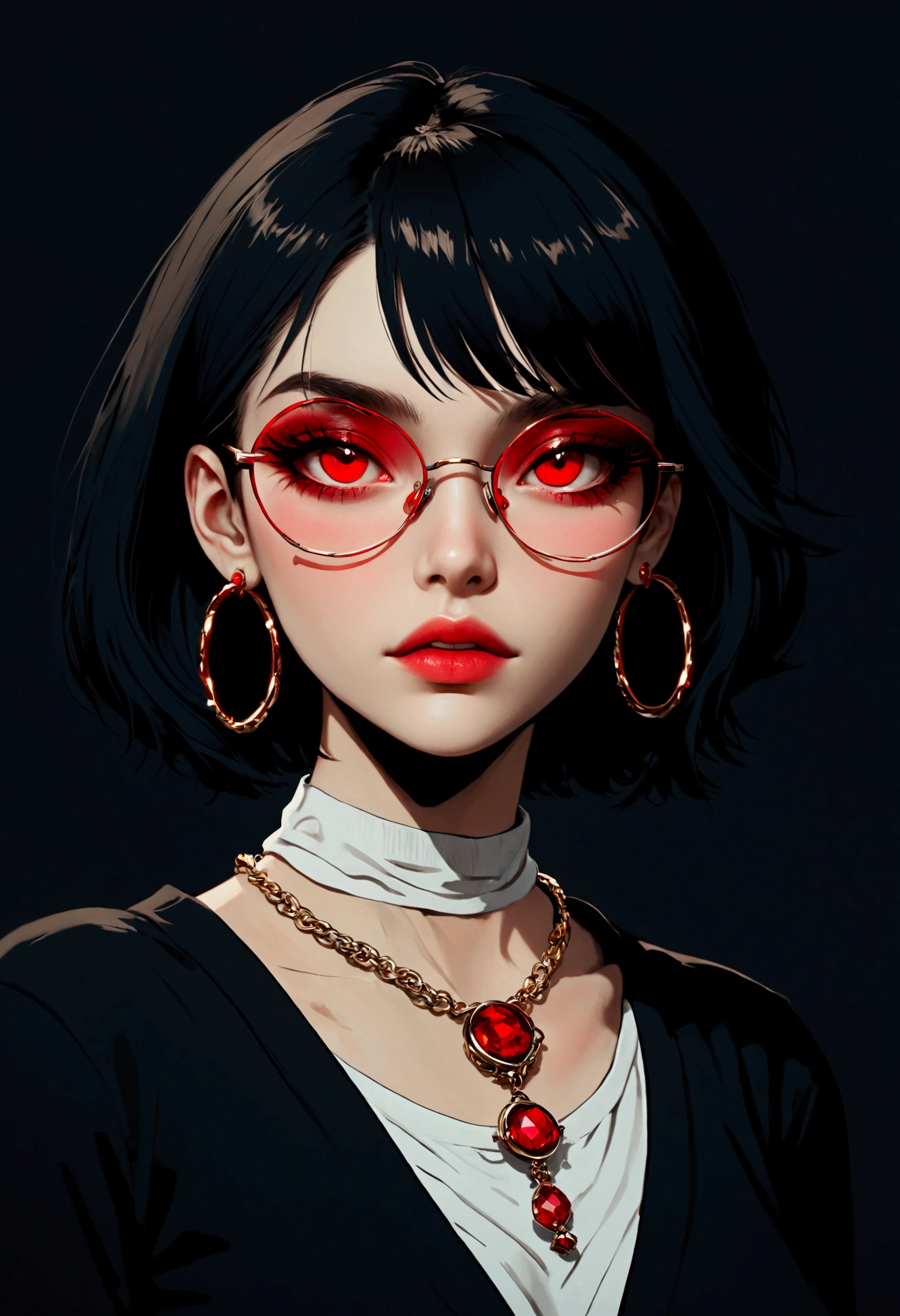 In this visually striking image, a person stands center frame, dressed in dark clothing, drawing attention with their bold accessories. The character's face is partially hidden by a messy bob haircut, but their bright red glasses and oversized earrings command focus. A necklace featuring a large, vibrant red gemstone adds to the overall pop of color. The subject's expression is calm, with subtle hints of mischief in their eyes. The background is a blurred mix of neutral tones, allowing the character's striking appearance to take center stage.