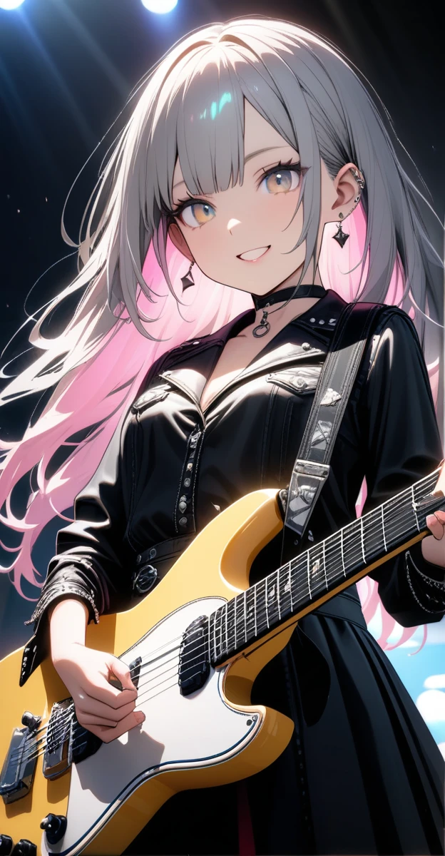 Very cute 15 year old girl, play the guitar、les paul guitar、((She has some silver earrings in her ears.. Black choker、Black punk fashion))、(Gray hair color、Light pink inner color hairstyle、Hair expressed with a delicate touch), Beautiful Hair, Facial Contour, Remember, Live venue stage, splash, Lens flare、Bright lighting、illumination、Natural Color, High resolution, Very delicate, Very detailed, 8k,（Her breast size is about a B cup）、Shyness,((Sexual)),((Naughty feelings)),smile、He's playing an orange gradient Les Paul guitar.