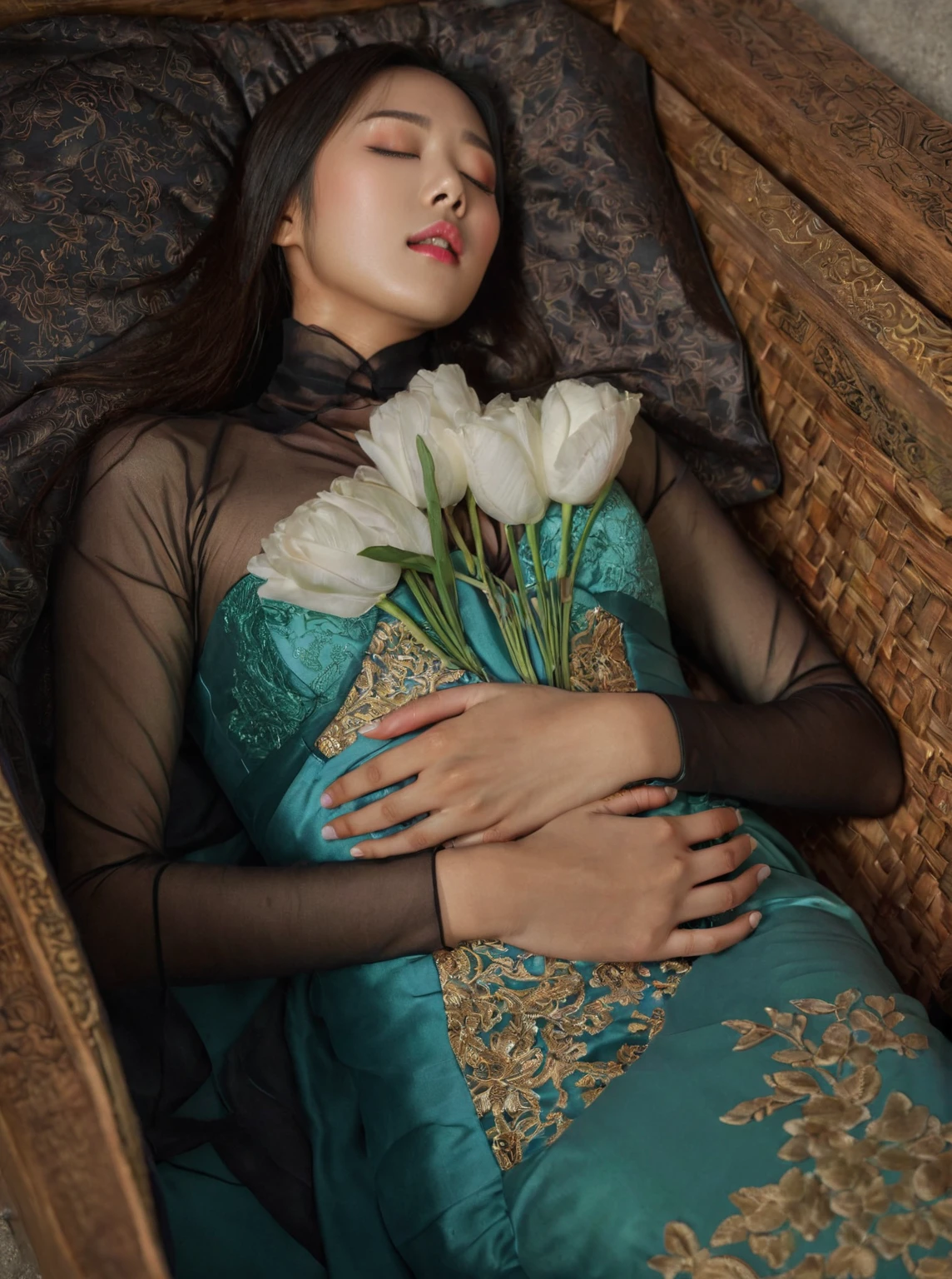 In a striking 8K HDR scene, a stunning Korean woman, 22 years old, lies peacefully in a coffin and coffin cover surrounded by plush pillows. The deep box is set against a rich black background, accentuating the beauty of the subject. Her exquisite deep-V neckline kebaya attire is embroidered with superb detail, showcasing her round and firm breasts, perfect cleavage, and beautiful eyebrows. Her closed eyes and mouth give an air of serenity, while her visible and absolute cleavage leave nothing to imagination. The scene is bathed in saturated colors, highlighting every intricate aspect from the ball skirt to her clean face, straight body, detailed hand perfect hands, straight body, own hands together, own hand on stomach, detailed hands, perfect hands.