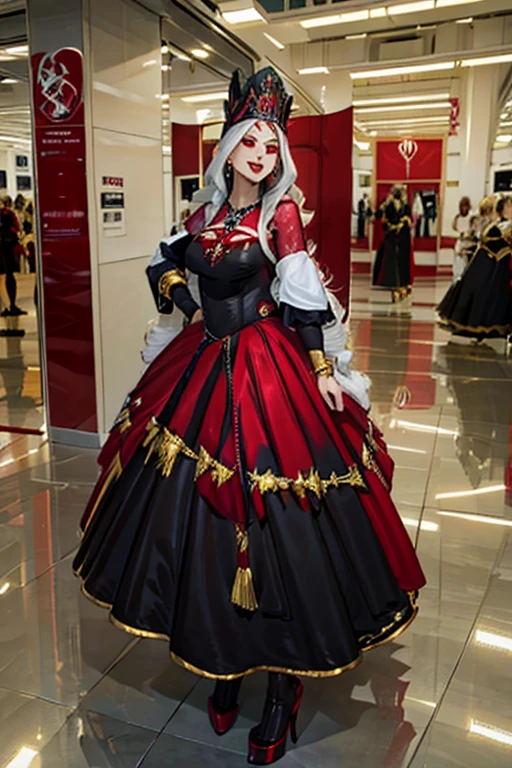 female, silver long hair, red eyes, (((1girl))), (((red and black regal dress))), (black stockings), (gold heels), (red and black detached sleeves), (gold jewelry), cute and sexy, full body, large breasts, long legs, smiling, standing