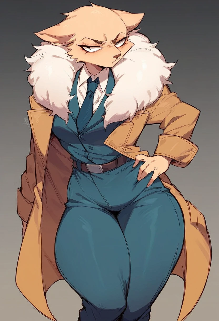 wide hips, big hips, soft thighs, large thighs, ((arrogant face)), big ass, long legs, long legged, formal overcoat, open trenchcoat, thick thighs, big belt, ((fur mantle)), ((pants)), pauldrons, ((cowboy shot)), ((from behind)), (((necktie)))