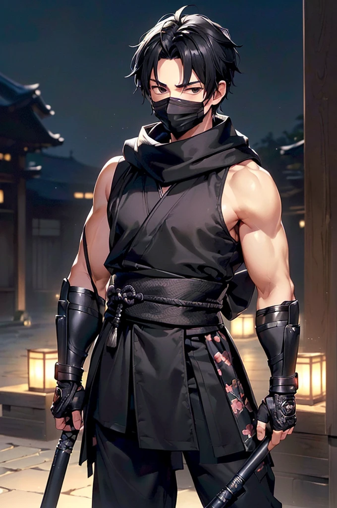 (((masterpiece; best quality: 1.2))), (finely detailed eyes: 1.3), ((ung man)), ((solo)), (black eyes: 1.4), (body shape; lean, masculine: 1.3), (very short black hair: 1.3), (beautiful and clear background: 1.2), ((depth of field)), (equipment: black shinobi clothing + fully covered + black kimono + black pants + black scarf + black closed hood and mask + black bracers + black fingerless gloves: 1.3), (anime illustration: 1.2), (background composition; old japanese mansion + night: 1.1), (extremely fine and handsome: 1.1), (shot composition; standing + centered on torso + close-up: 1.5), (facial expression; calm, stoic: 1.2)