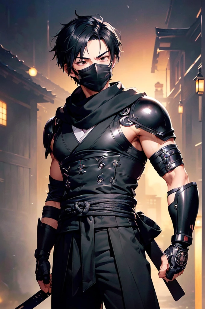 (((masterpiece; best quality: 1.2))), (finely detailed eyes: 1.3), ((1 young man)), ((solo)), (black eyes: 1.4), (body shape; lean, masculine: 1.3), (very short black hair: 1.3), (beautiful and clear background: 1.2), ((depth of field)), (equipment: black shinobi clothing + fully covered + black kimono + black pants + black scarf + black closed hood and mask + black bracers + black fingerless gloves: 1.3), (anime illustration: 1.2), (background composition; old japanese mansion + night: 1.1), (extremely fine and handsome: 1.1), (shot composition; standing + centered on torso + close-up: 1.5), (facial expression; calm, stoic: 1.2)