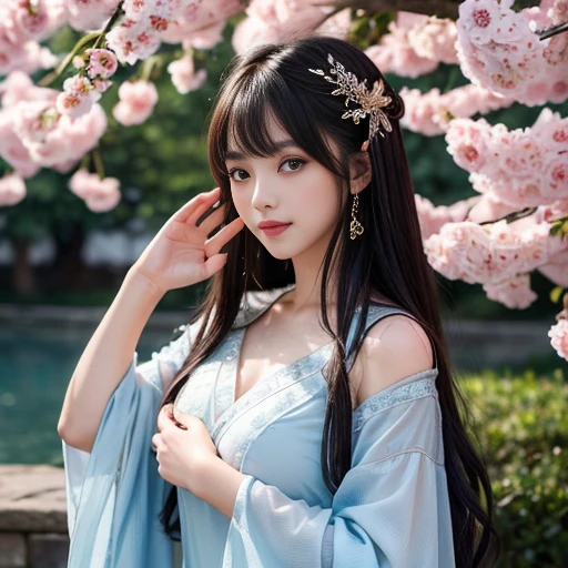 best quality, Delicate face，beautiful visual work, lifelike, eternity, black hair, Long curly hair, blunt bangs, Smile, Detailed Background, Delicate face，pink blush，cold，((masterpiece))、(top quality)、8k、high detail、Super detailed，21 years old female，Wearing wide-sleeved Tang Dynasty Hanfu、Clothes made of chiffon,Transparent sleeves， Seductive and whimsical style、masterpiece、born、Scenes resembling fairy tale illustrations、intricate details和複雜的設計、Beautifully、magic、capricious、 Beautifully、Dream aesthetics、「𝓡𝓸𝓶𝓪𝓷𝓽𝓲𝓬、ethereal、charming、fickle、magic」、realism、Visual effects、FXAA、SSAO、Shader、voiceless、ambient lighting、Tone mapping、High resolution、Ultra high quality、Million pixels、(8K resolution:1.10)、8k、8k以下、8K resolution、high detail、intricate details， (high quality:1.2、masterpiece:1.2、:1.21)、(21 years old female:1.21)、(興奮地Smile)、(Surrounded by a dreamy atmosphere、Model diagram，full-body shot，Normal 2 feet，Don't show your fingers，Behind the Letting Go, The protrusion of the breast is visible when wearing clothes, Large Breasts, H cup chest, Landscape photos，full-body shot,Blue clothes