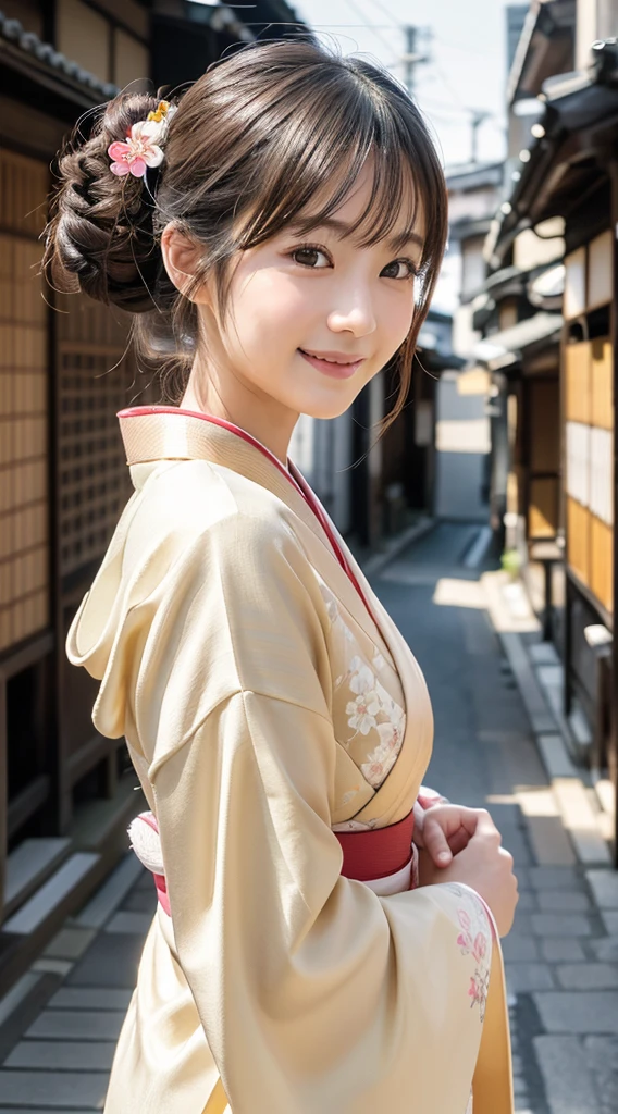 professional lighting,(Photoreal:1.4), (Top image quality:1.0), (超A high resolution:1.0), 8k, Raw photography, (masterpiece:0.2), (Face the children_v1:0.5)、(highest quality Detail:1.2)、realistic、8K UHD、High resolution、(1 girl:1.2)、Super detailed、High quality textures、intricate details、detailed、Very detailed CG、High quality shadows、detailed Beautiful and delicate face、Beautiful details and delicate eyes、(symmetrical eyes:1.2),Depth of the bounds written、ray tracing,1 girl, japanese girl, (natural smile:1.4),cute, thin, Portrait of a beautiful Japanese woman wearing a kimono, Standing elegantly on a street corner in Kyoto. A kimono with bright traditional patterns, Hair decorated with an elegant and delicate hairpin, and a gentle expression. (Against the backdrop of the old streets of Kyoto:1.4)、soft light on a spring afternoon、adds tranquility to the scene. Rendered in a realistic style with great attention to detail, High resolution images.sky porn, magic hour, (realistic:1.3), finely, quality, (table top:1.2), (realistic:1.2), (highest quality), (Complex details), dramatic, ray tracing, photograph, +roller