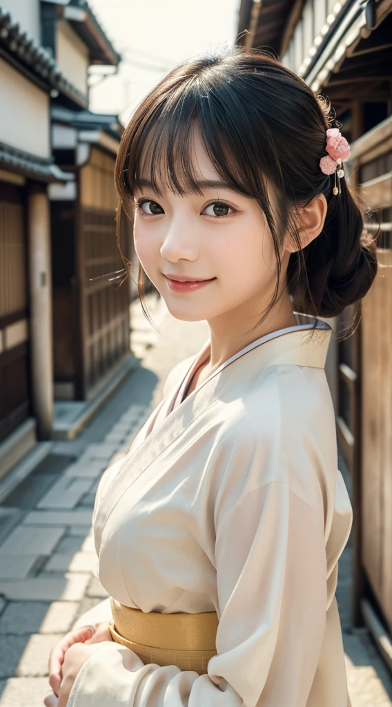 professional lighting,(Photoreal:1.4), (Top image quality:1.0), (超A high resolution:1.0), 8k, Raw photography, (masterpiece:0.2), (Face the children_v1:0.5)、(highest quality Detail:1.2)、realistic、8K  UHD、High resolution、(1 girl:1.2)、Super detailed、High quality textures、intricate details、detailed、Very detailed CG、High quality shadows、detailed Beautiful and delicate face、Beautiful details and delicate eyes、(symmetrical eyes:1.2),Depth of the bounds written、ray tracing,1 girl, japanese girl, (natural smile:1.4),cute, thin, Portrait of a beautiful Japanese woman wearing a kimono, Standing elegantly on a street corner in Kyoto. A kimono with bright traditional patterns, Hair decorated with an elegant and delicate hairpin, and a gentle expression. (Against the backdrop of the old streets of Kyoto:1.4)、soft light on a spring afternoon、adds tranquility to the scene. Rendered in a realistic style with great attention to detail, High resolution images.sky porn, magic hour, (realistic:1.3), finely, quality, (table top:1.2), (realistic:1.2), (highest quality), (Complex details), dramatic, ray tracing, photograph, +roller