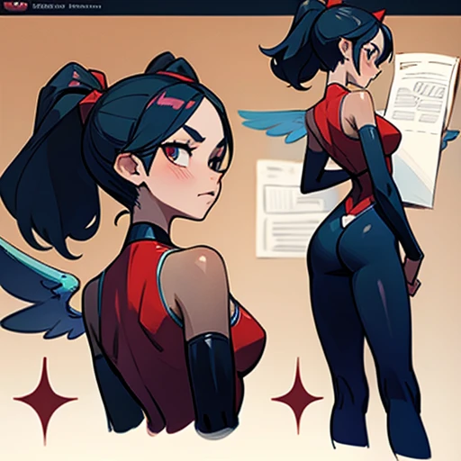  girl whith an angular face  with dark blue almond-shaped eyes

Long black hair, usually in two ponytails 

Body Slim, athletic figure. Medium-toned skin. Reflects dynamism and energy.


Dressed in ligth red erotic bunny suit  and with fairy wings 

(((character sheet))) ((various views)) ((front and back) (Face detail) (full body)