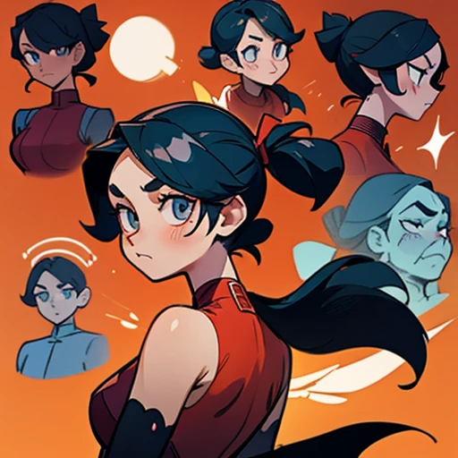 girl whith an angular face with dark blue almond-shaped eyes
Long black hair, usually in two ponytails
Body Slim, athletic figure. Medium-toned skin. Reflects dynamism and energy.
Dressed in ligth red erotic bunny suit and with fairy wings
(((character sheet))) ((various views)) ((front and back) (Face detail) (full body)