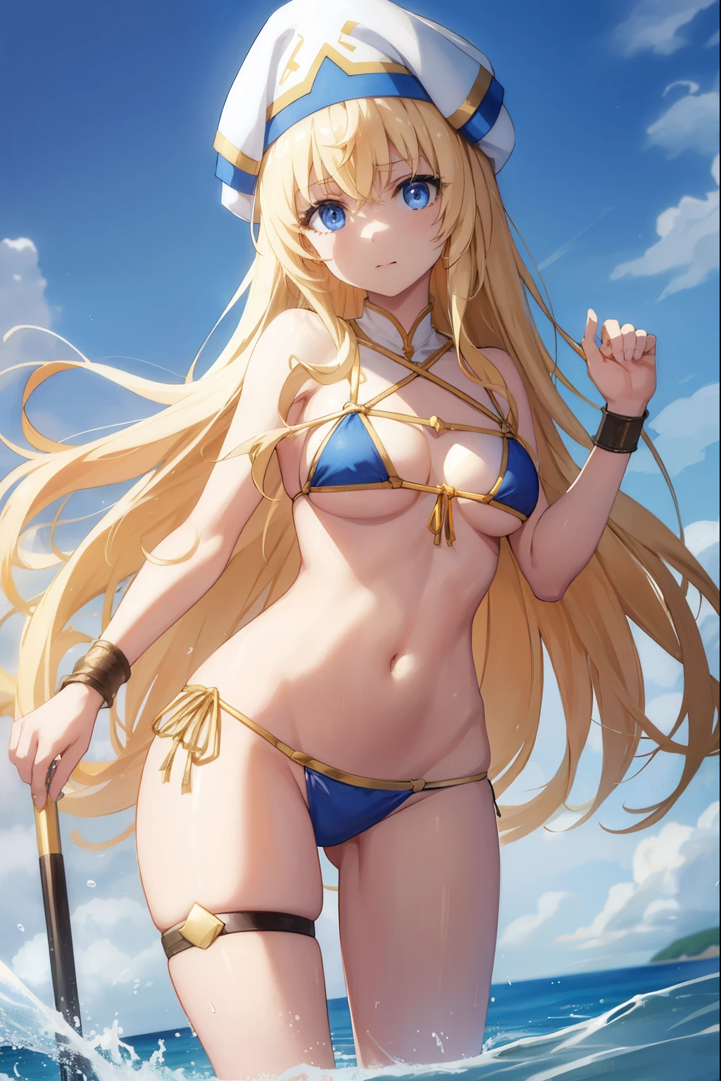 Priestessess, Blonde, blue eyes, Long Hair, Hair between the eyes,ah、Roll your eyes and roll your tongue,((bikini)),(bondage)