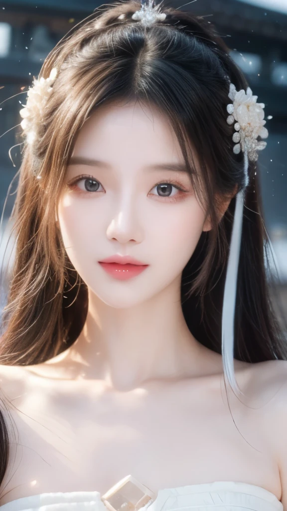 masterpiece, best quality, Official Art, 8k wallpaper, Very detailed, illustration, 1 girl, Long hair, Exquisite eyes, Bare shoulders, Hanfu, lake, pure, Gentle smile,Skin as white as snow,Exquisite facial features,Especially the bright eyes。Her face shape is usually oval,Ancient Chinese beauties,Gorgeous makeup
