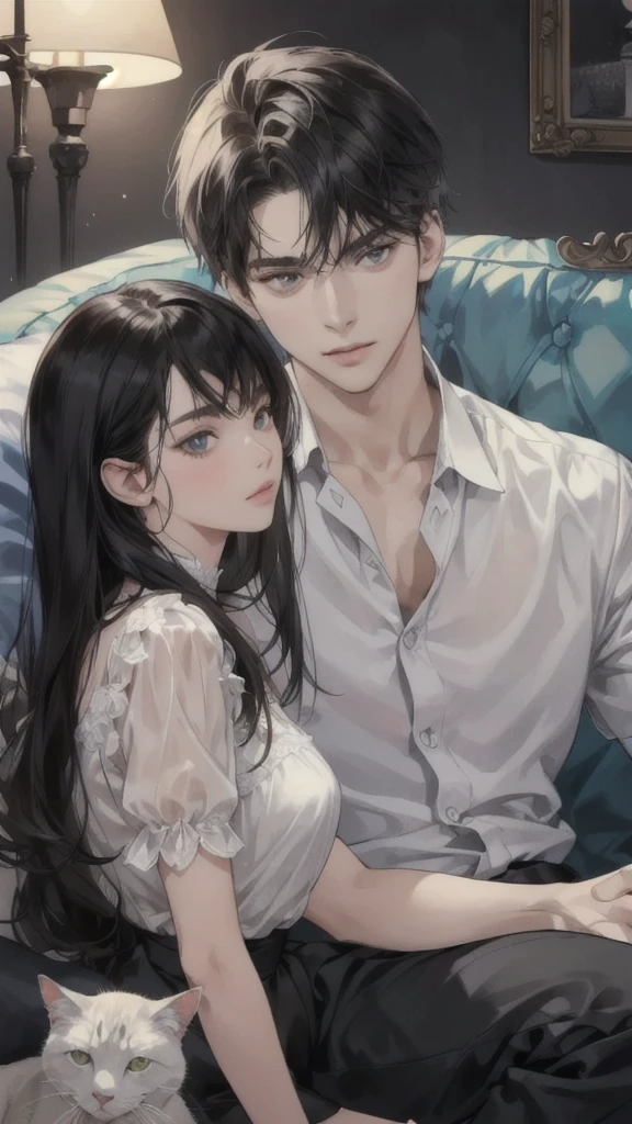 A young Caucasian man and a young Caucasian girl sit on a sofa in an apartment with several cats..
black hair, highest resolution, detailsมาก, quality, detailsสูง, details, qualityที่ดีที่สุด, Anatomically correct, high resolution model, 