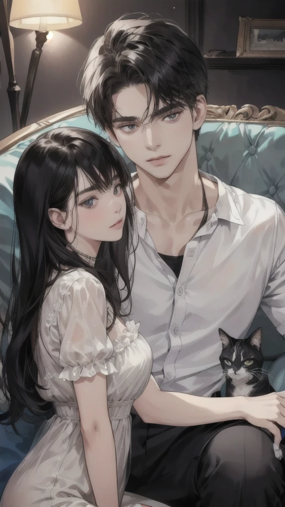 A young Caucasian man and a young Caucasian girl sit on a sofa in an apartment with several cats..
black hair, highest resolution, detailsมาก, quality, detailsสูง, details, qualityที่ดีที่สุด, Anatomically correct, high resolution model, 