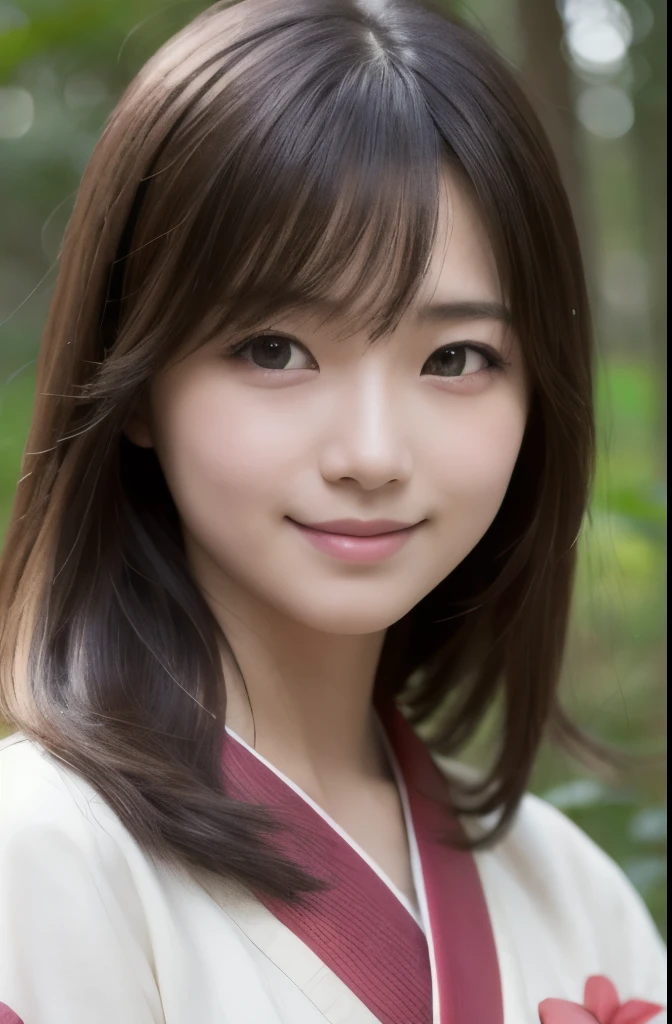 best quality, face focus, soft light, ultra high res, (photorealistic:1.4), RAW photo,(Shinozaki Ai), white skin, kawaii,
1 Japanese girl, solo, cute, (smile), (pupil, lights in the eyes), detailed beautiful face, Medium-sized breasts,(high resolution detail of human skin texture),(long hair),(portrait), pink traditional kimono, in the forest,