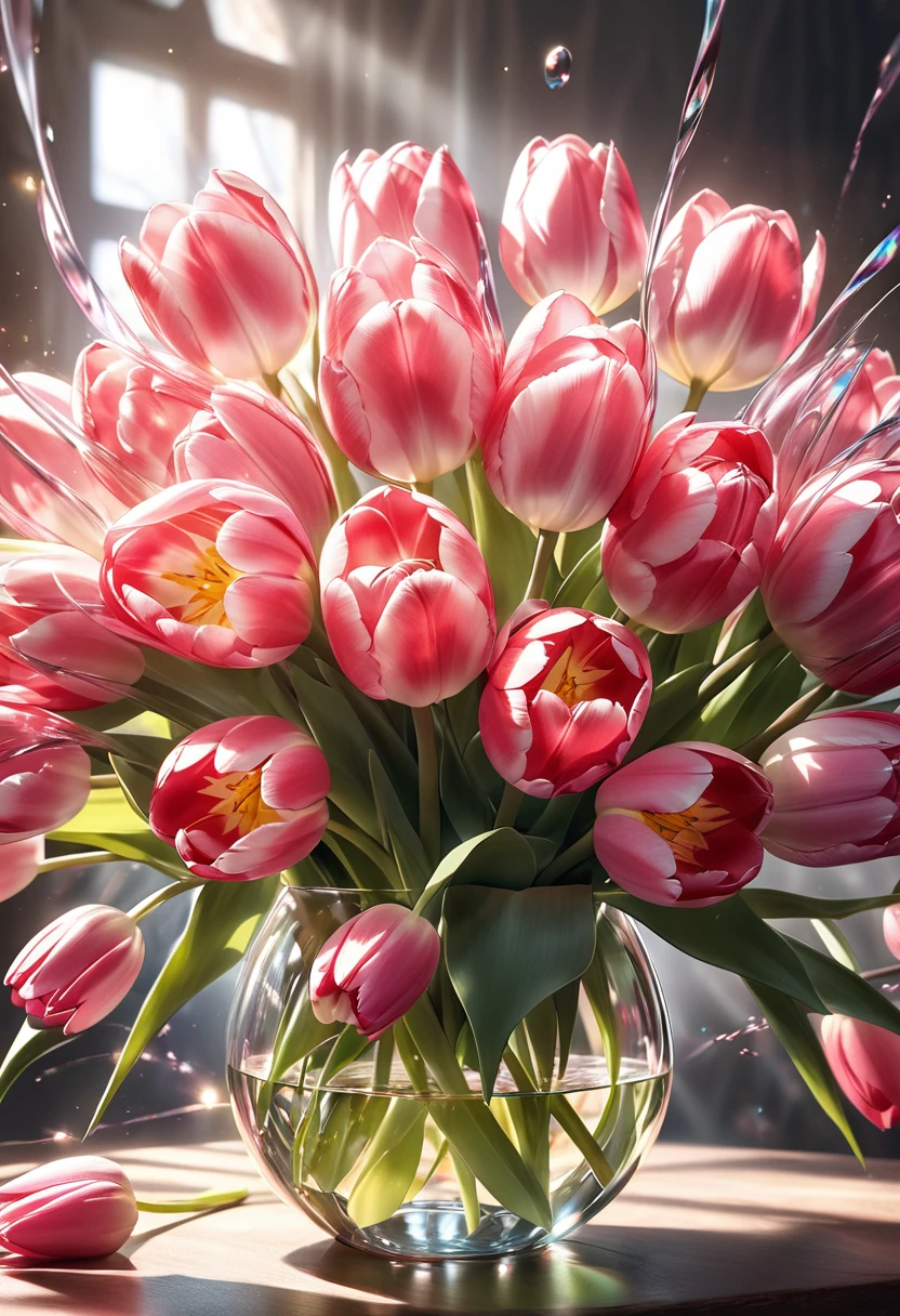  ( Anatomically perfect) Nobody A bouquet of pink transparent tulips close-up art masterpiece interweaving of light Tyndall effect shows the interweaving and interweaving of light，Their shapes and refraction of light evoke wonder and excitement。

                           Fantasy visual effects masterpiece, fair. lifelike, Master art masterpiece photo quality.Ultra high quality


                        

                      