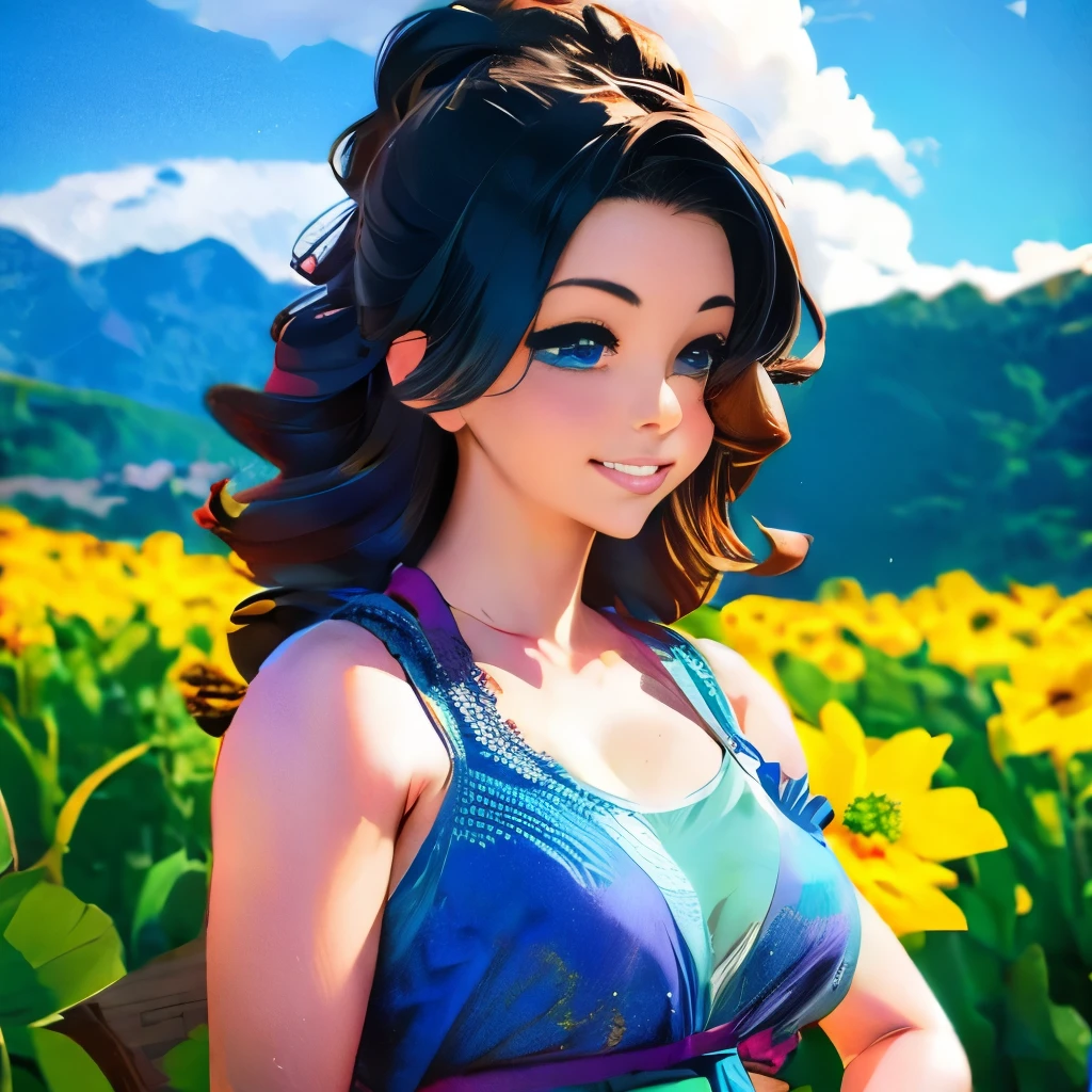 masterpiece, best quality, spring outfit, colorful hair,  outdoor,cloud ,upper body,