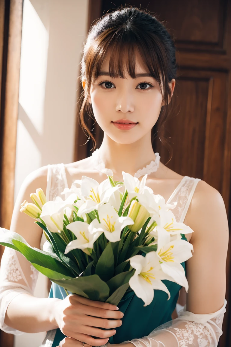 Medium Size Display, Medium Shot, Written boundary depth, bust, Upper Body, Movie angle, masterpiece, Highest quality, Very detailed, CG, 8k wallpaper, Beautiful Face, Delicate eyes, Otome, alone, smile, bangs, skirt, Formal blouse, Bouquet of lilies