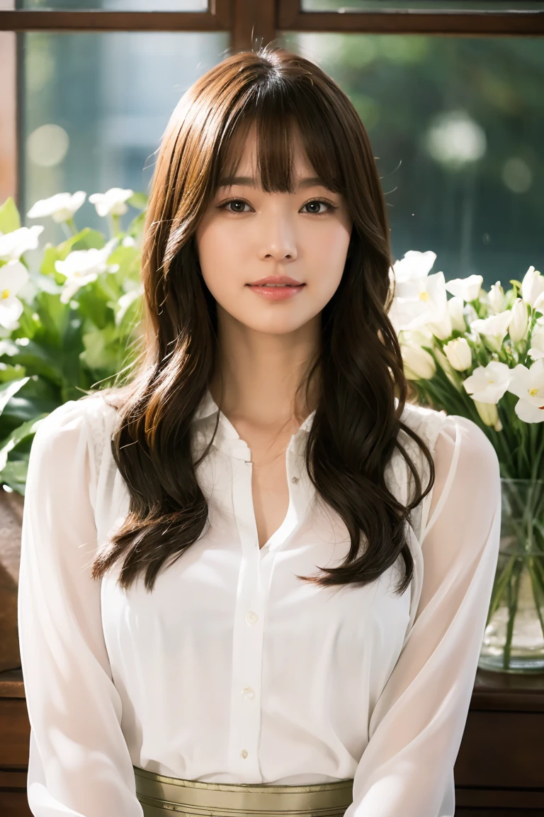 Medium Size Display, Medium Shot, Written boundary depth, bust, Upper Body, Movie angle, masterpiece, Highest quality, Very detailed, CG, 8k wallpaper, Beautiful Face, Delicate eyes, Otome, alone, smile, bangs, skirt, Formal blouse, Bouquet of lilies