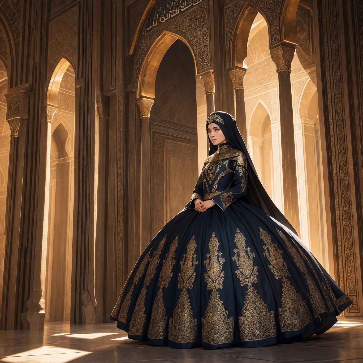Medieval Islam、A Young and Complex Woman in the Baghdad Royal Palace, Wide-angle lens/2.8, Ultra-high resolution complex textures, Texture Indentation, The perfect perspective, Perfect geometry, Perfect floral pattern、Luxurious interior、squirt、Cool feeling、Crazy Ambient Lighting, Super crazy ambient shadows, Luminism, Highly detailed busy background, Tessellation, Maximalism, perfectionism, An award-winning IPA,