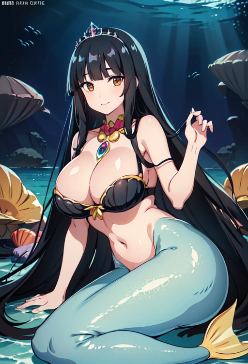 4k,hight resolution,1girl,smile,((black hair, super long hair, shiny hair, blunt bangs, hime cut)), mermaid,(huge breasts:1.1), Showing her breasts, breasts out, ((Sea shell bra,))(wearing Pareo),Princess Tiara,Pearl decoration,jewel decorations,Undersea background,under the water, fish tail, Camel toe, breasts focus,