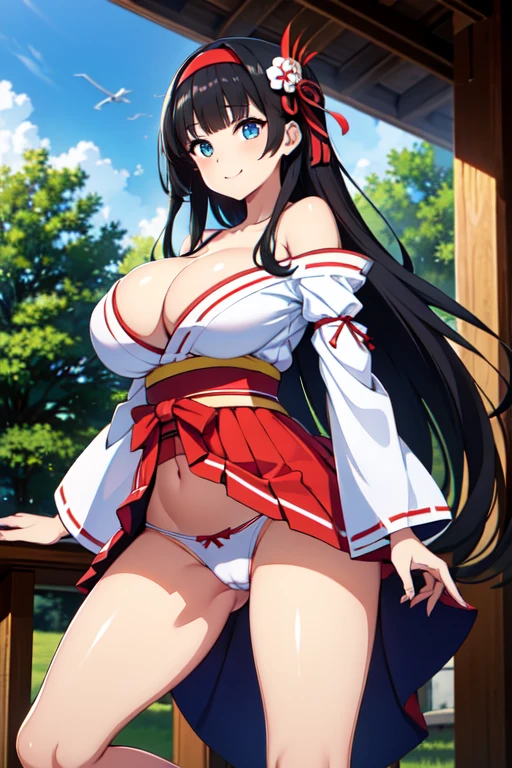 good quality, best quality, highres, absurdres, 8k, 4K, masterpiece, Girl in Japanese shrine maiden outfit, (Hime cut), (super long black hair),(((straight bangs, blunt bangs))),(White headband), Blue eyes, super long black hair, hair ornament, ribbon, smile, Showing her breasts, (Huge breasts:1.3), Cleavage, White kimono, Shoulder-exposing sleeves, open-chested costume, Short skirt, Red Skirt, (upskirt), cameltoe,