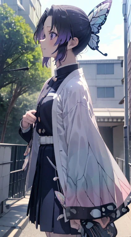 ((nsfw)), ((((最高の笑face)))), ((Open your mouth)), kochou shinobu, (((笑face,Sweat))), Peek into, ((high school student, White shirt, Short sleeve, skirt, uniform, Bag)), (((On the way home, Soft cream))), ((evening)), ((Side angle, Top view)), , (((summer))) , whole body, boost mood, Ultra-realistic 8K CG,masterpiece,, ((Highly detailed background,Delicate pattern,Intricate details, Fine and beautiful eyes)),The best quality in the best condition,とてもとてもとても詳細なface, Highly detailed eyesとface,Highly detailed eyes,kochou shinobu,Multicolored Hair,No bangs,Hair Intake,, Purple eyes,,butterfly,band,(熱band庭園:1.2),Purple Flower,mostly cloudy null,Tyndall effect,slope_null,face,beautiful null,,Seductive posture,(Medium chest:1.3), woman,