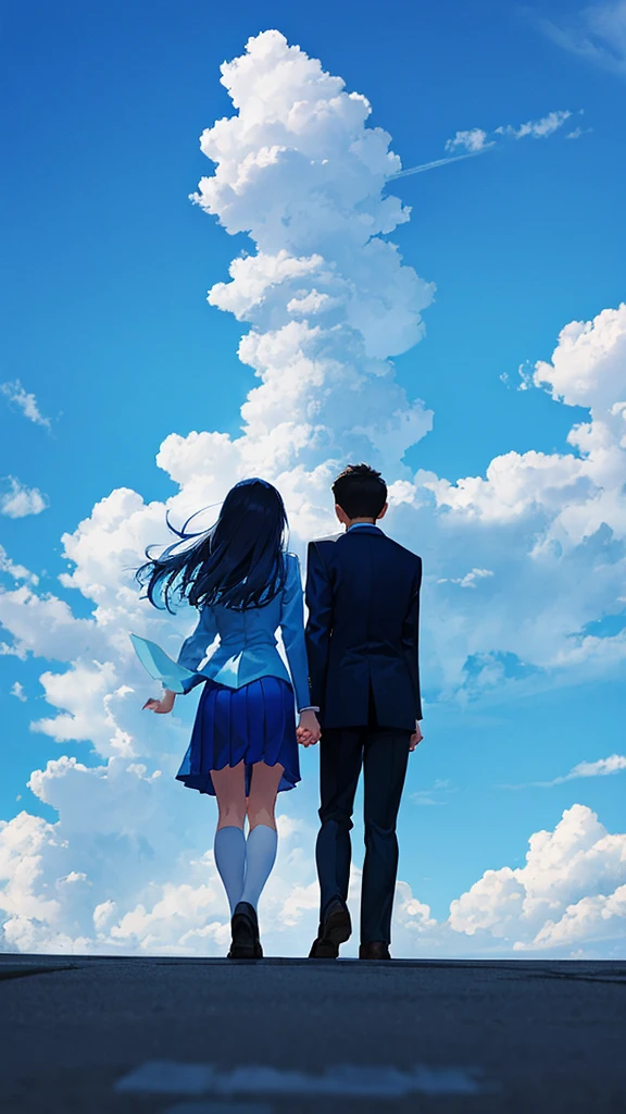 Impressive blue sky Back view of a man and woman holding hands school uniform An illustration