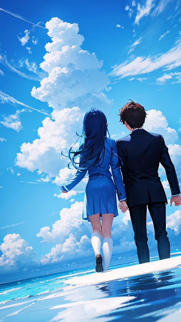 Impressive blue sky　Back view of a man and woman holding hands　school uniform　An illustration