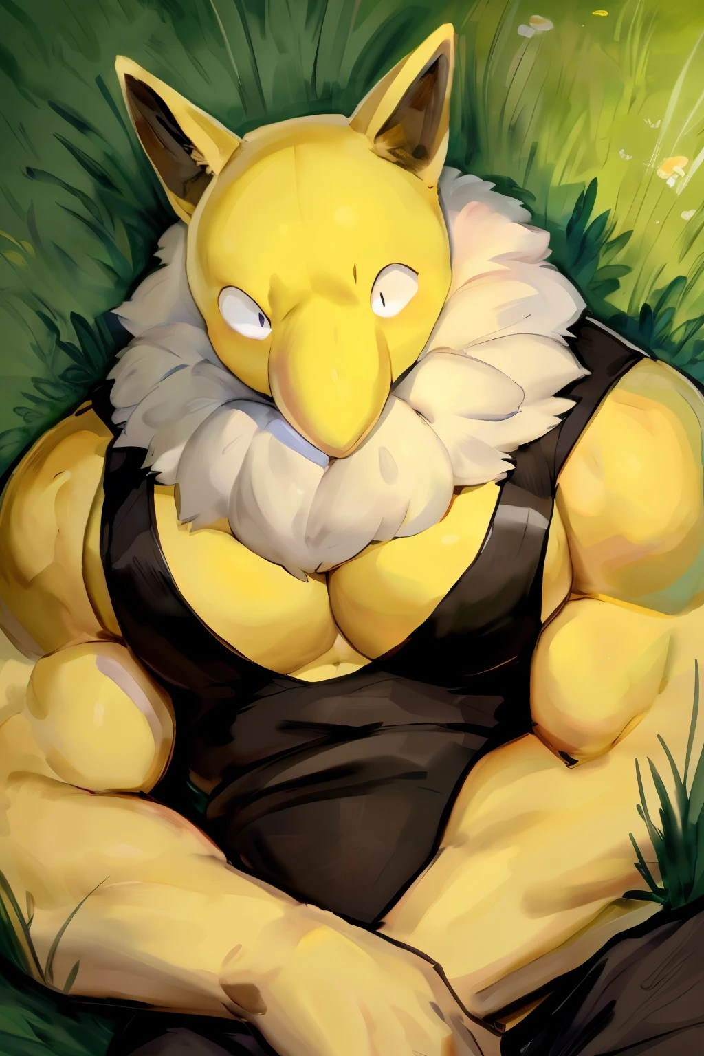 Furry, Anthro, solo, Hypno, Male, (((muscular body, massive thighs, massive male pectorals, fluffy neck, yellow skin, wearing black tanktop, wearing black sweatpants))), ((((massive biceps, laying on back, on grass, hands on chest))), ((((((massive bulky torso, wide-eyed, head tilted, facing viewer)))))), bird's eye view, meadow, grass, by buta99, by zackary911, by bebebebebe, (((digital painting)))