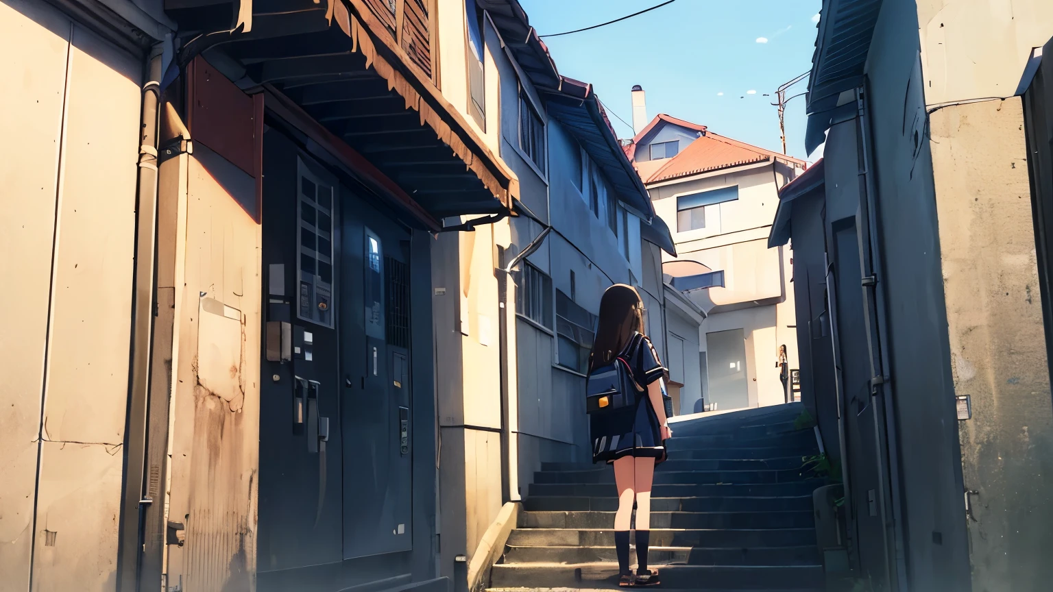 (A girl standing on the stairs, black sailor uniform, brunette medium-long hair, backpack, with her back to us, face is not visible), (Buildings after the rain, summer sky, narrow alley, wet road, vending machine, garbage), (Excellent: 1.2), (Best quality: 1.2), (Super detailed: 1.2), (4k, sad,, Bowwater&#39; art style, beautiful digital illustration, beautiful character drawing, stunning anime face portrait, official artwork, LOFI girl, admire the art style, anime atmosphere, mix of anime style and Fujifilm, digital anime illustration, anime wallpaper 4k high resolution high quality beautiful realistic sky sky is the main back view rear view scenery is the main scenery is the main emotional lofi old camera film deep 3d)