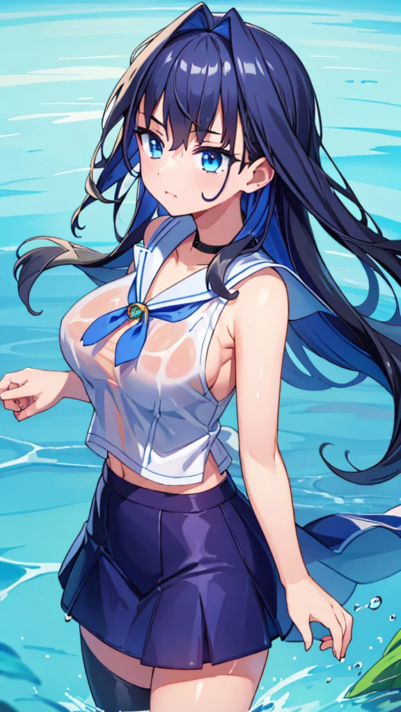 ((Clothing wetness: 1.4)), ((Underwear visible)), (Sailor suit), (Sheer skirt), Sunny blue sky, beach, (Perfect hands), (Perfect anatomy), (Perfect body structure ), ((2 arms)), ((2 legs)), ((Masterpiece, Best quality, High resolution, Ultra high resolution, Perfect pixels, Burned border depth, 4K, Super detailed)), HDR, Studio lighting, Sharp focus, Bright colors, Portrait, Warm tones, Soft lighting, standing,