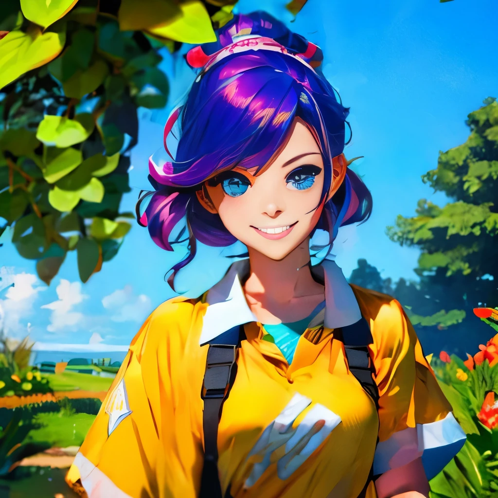 masterpiece, best quality, spring outfit, colorful hair,  outdoor,cloud ,upper body,