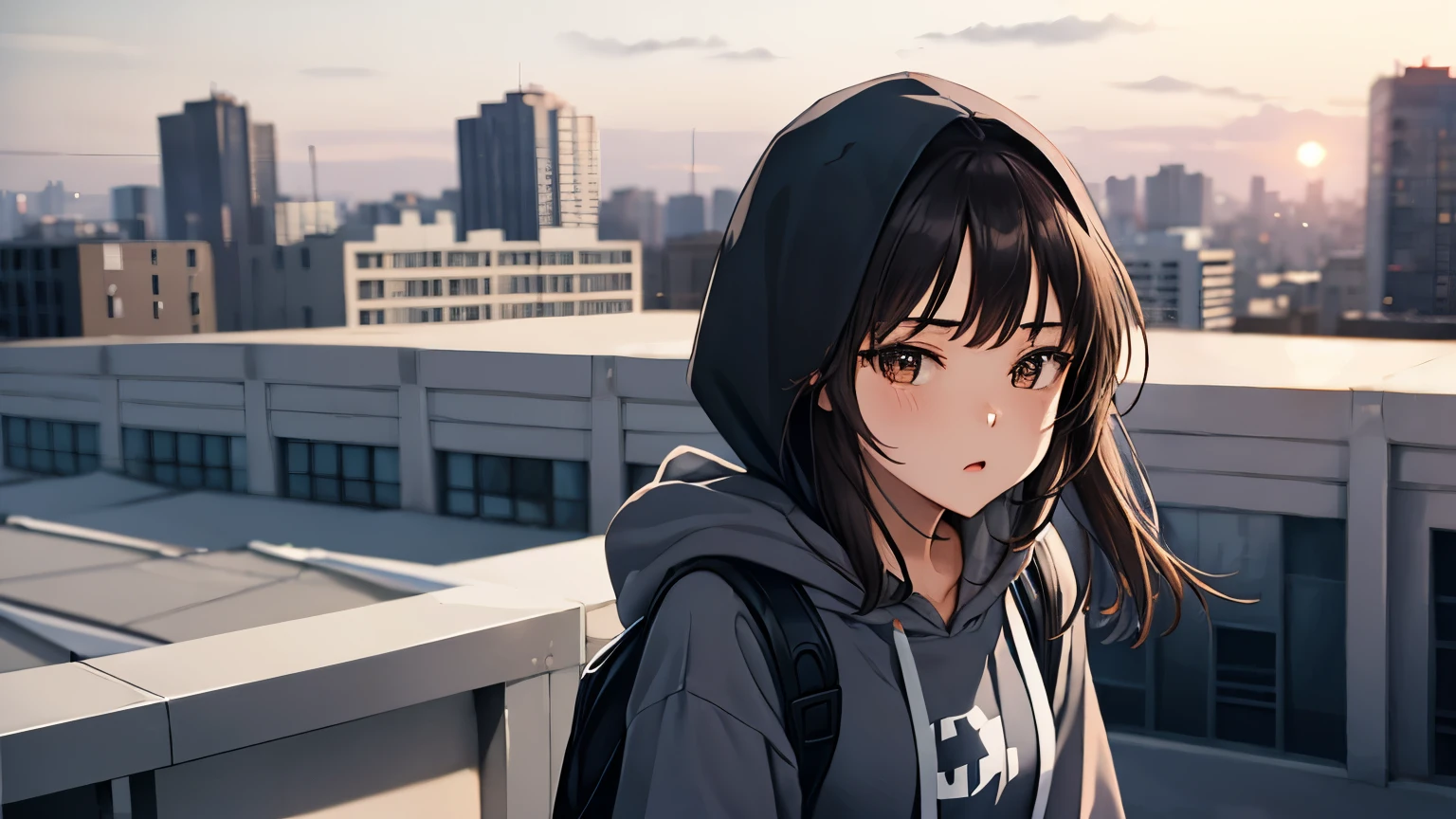 (A girl standing on a rooftop, brunette, medium length hair, grey hoodie, black backpack, purple basketball shoes)