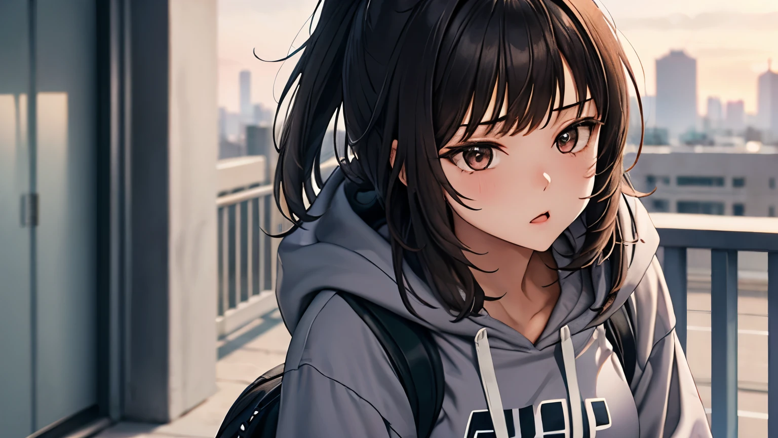 (A girl standing on a rooftop, brunette, medium-length hair, gray hoodie, black backpack, purple basketball shoes), (bust-up)