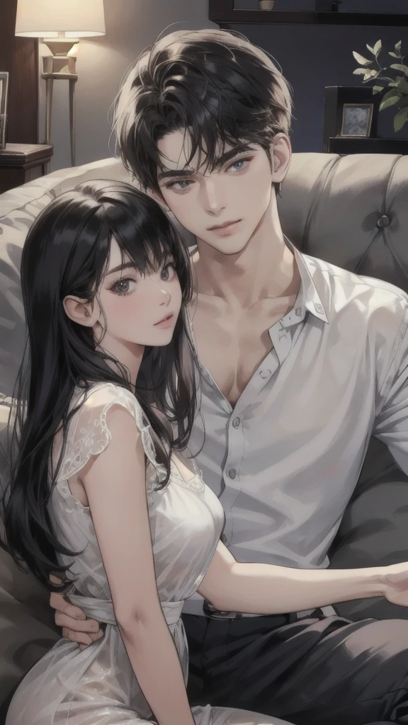 A young Caucasian man and a young Caucasian girl sit on a sofa in an apartment with several cats.. , แมวอยู่บนตัก , แมวสีดำ, แมวสีขาว
black hair, highest resolution, detailsมาก, quality, detailsสูง, details, qualityที่ดีที่สุด, Anatomically correct, high resolution model,