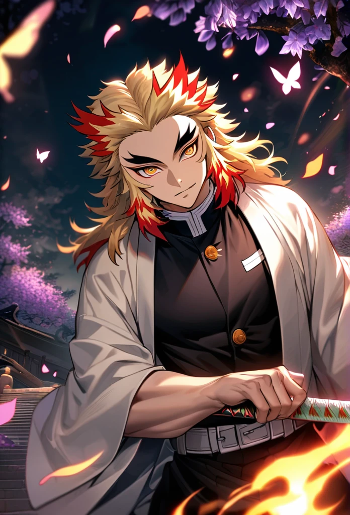 Ultra detailed, Highres, absurdres, HDR, Rengoku Kyojuro, golden eyes, blond hair, flames around him, grabbing a sword, Kimetsu No Yaiba, white haori, black demon uniform, purple leaves, petals, butterflies, handsome, 1 man,