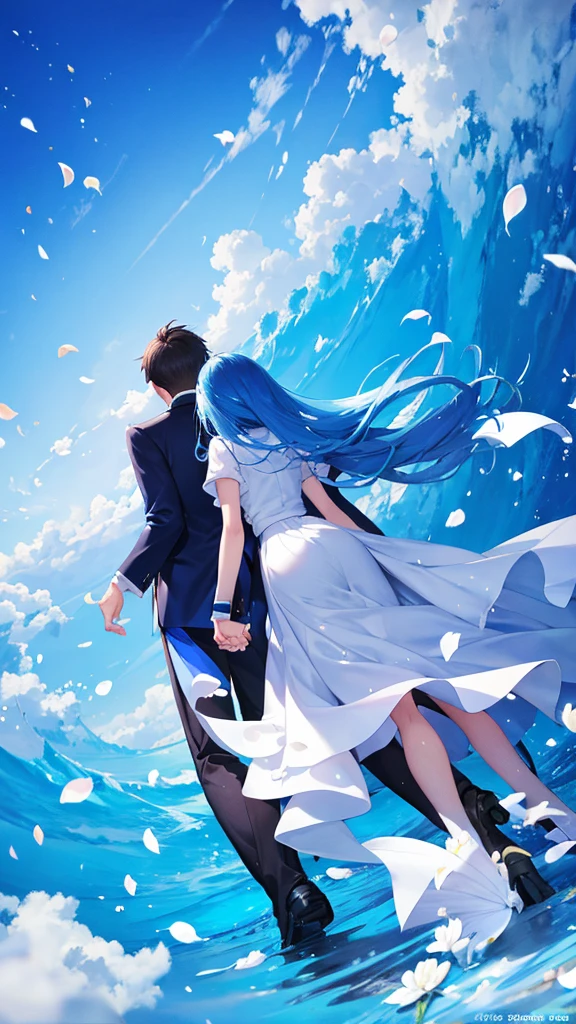 Impressive blue sky　Back view of a man and woman holding hands　school uniform　An illustration　White flower petals falling　spring