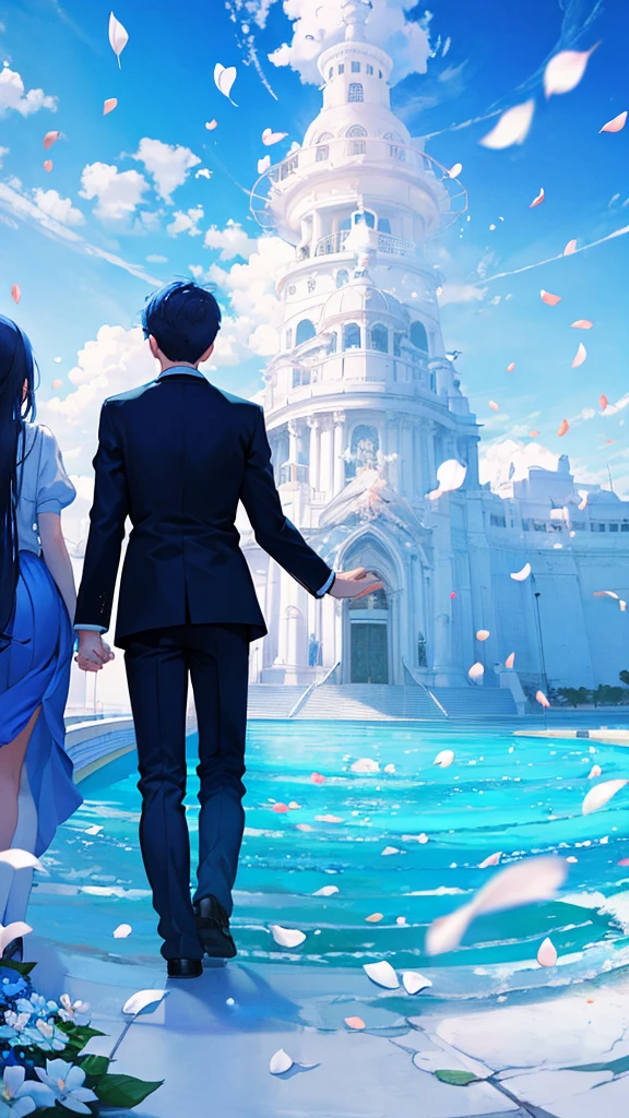 Impressive blue sky Back view of a man and woman holding hands school uniform An illustration White flower petals falling spring