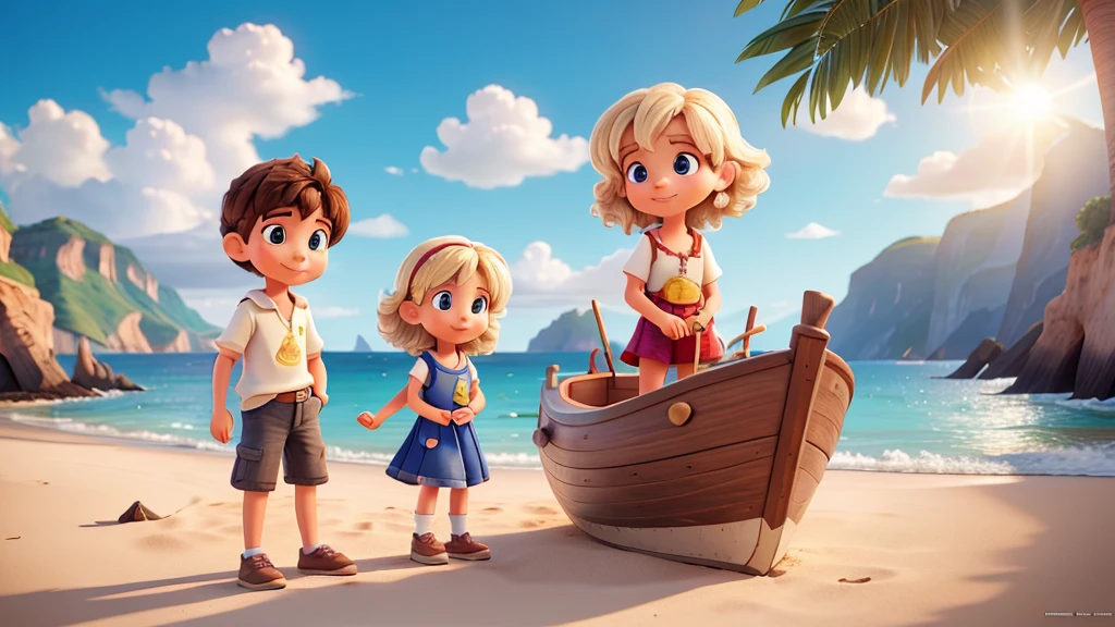 1 boy and 1 girl building a boat on the beach, ilustrativo de Disney, (Best Quality, 4k, 8k,High resolution,masterpiece:1.2) colors, fantasy elements, magic, colors, Sun rays, gentle breeze. Gran composición con gran detalle y colors, Retailer, cheered up, Disney. Waves, clothing details, details in wooden boards, construction parts