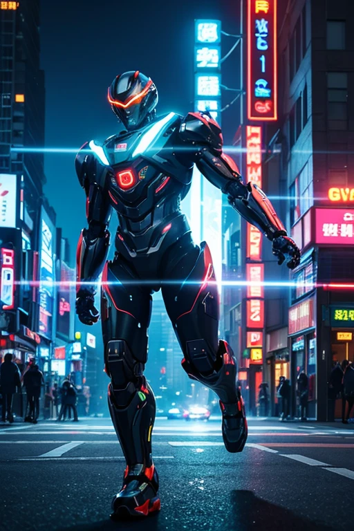 Giant humanoid robot running。
cyber cityscape。
Lens flare。
Streaks。
Neon Signs。
typography。
Protect against crime。
The drone is flying。
Bloom, Dithering, scan lines, Anaglyph, Cinematic light effects, Godley, reflected light, 