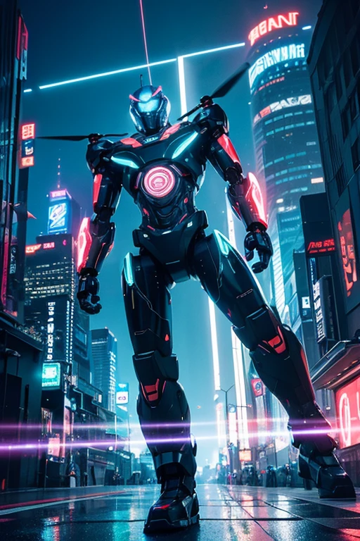 Giant humanoid robot running。
cyber cityscape。
Lens flare。
Streaks。
Neon Signs。
typography。
Protect against crime。
The drone is flying。
Bloom, Dithering, scan lines, Anaglyph, Cinematic light effects, Godley, reflected light, 