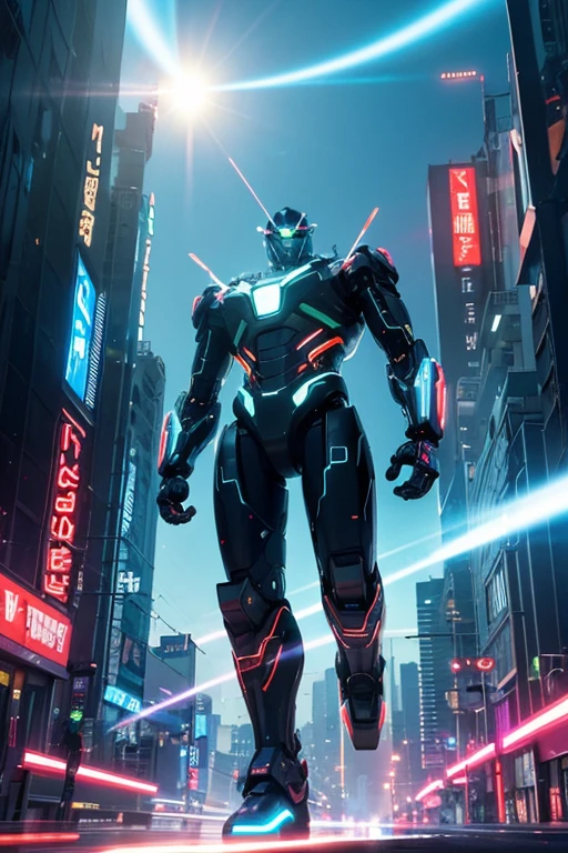 Giant humanoid robot running。
cyber cityscape。
Lens flare。
Streaks。
Neon Signs。
typography。
Protect against crime。
The drone is flying。
Bloom, Dithering, scan lines, Anaglyph, Cinematic light effects, Godley, reflected light,