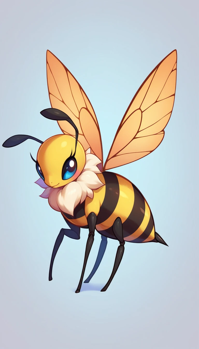 (Vi \(Bug Fables\):1.5) standing in a forest with her hands on her hips. She is a black and yellow female honeybee. She is nude. She has a tuft of (light-brown fluff around her neck). She has large, all-black eyes. She has two long curved antennae. She has a ((bee stinger)) at the end of her (arthropod abdomen). She has two (bee wings). She has a (yellow body with black legs, black arms, and one black stripe around her lower torso). She is looking at you with a smug smile because she thinks she is cooler than you. looking at you, casual nudity, yellow body, bee, insect, short, smol, petite, cute, two tone body, masterpiece, best quality, highly detailed, thick outline, cartoon, <lora:BeeLORA:1>,  <lora:WindWakerStyle:1>