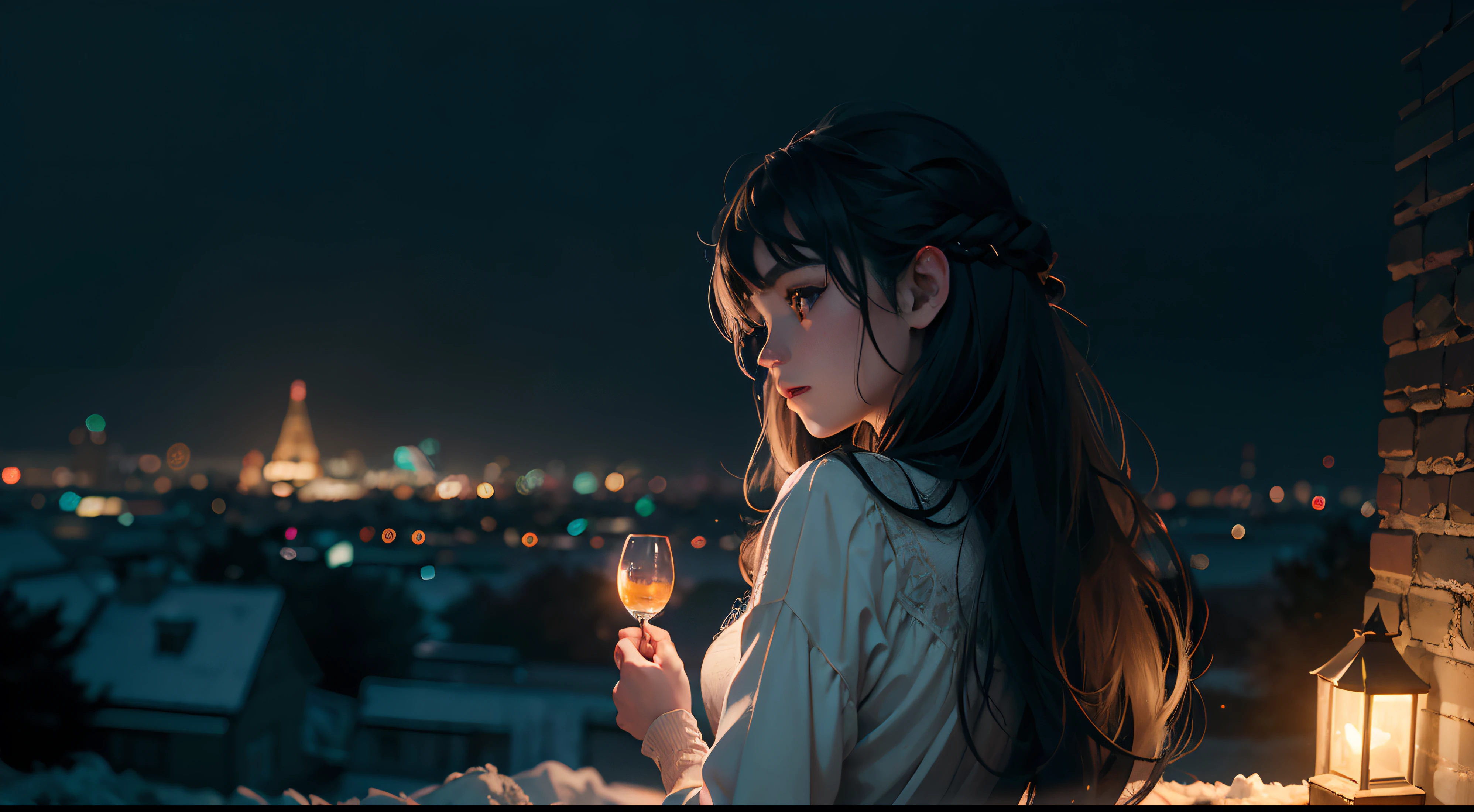 Quiet Night,The starry sky is bright,On the roof sat a girl。She looked up at the starry sky quietly,Enjoy this peaceful evening,The girl is wearing a light dress,The skirt flutters gently in the wind,Her long hair shimmered in the moonlight,Exudes freshness,Twinkling stars in the night sky,They're like winking at girls,As if I wanted to share this beautiful moment with her,The bricks of the roof present an ancient beauty in the moonlight,A stark contrast to the neon lights of the city,The girl gently opened her eyes,She seemed to feel the beauty of this world,Her face appeared quiet and gentle in the starlight,Her body swayed gently in the evening breeze,As if blending into this quiet night,The picture is full of quiet beauty and tenderness,Let people feel the mystery and tranquility of the night sky,Long distance viewing, Atmospheric lighting, Single focus, Close-up cleavage, View from the side, Depth of Field, blur background,Best quality,masterpiece,Very detailed,Detailed background,masterpiece,16K,Ultra HD resolution,Detailed description,lifelike,Realistically,非常lifelike,Anatomically correct, delicate patterned,Pink Rose Space, Soft lighting, ( Bokeh),masterpiece, Very detailed, Epic creation, best quality, 8K,Epic romantic fantasy digital art,Epic fairy tale fantasy digital art,Mythological fantasy,Ultra HD resolution,Detailed drawings,Realistically,非常lifelike,Movie Lighting,Award-winning photos,colorful,超lifelike的纹理,Dramatic Lighting