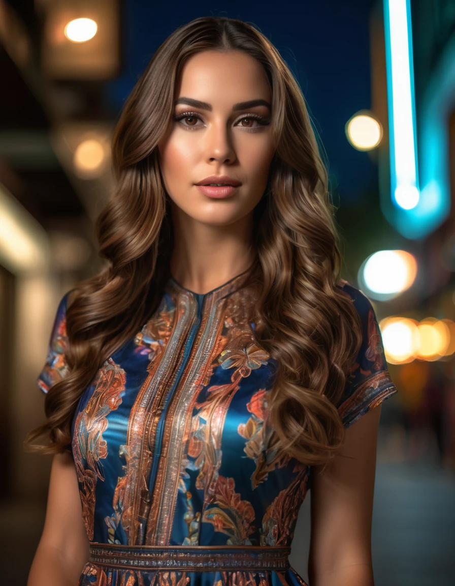 Photo of a woman with long brown hair, ((portrait)), (detailed face: 1.2)), (detailed facial features)), High detail, (cool color), reflection, (Art Teacher) (perfect proportions) (Realistic photos) (highest quality), taken with Canon EOS R5, 50mm lens, f/2.8, HdR, (8k) (wallpaper) (film lighting) (Dramatic lighting) (sharp focus) (complex), (sexy short dress, heels), ((Full body shot)), (((Exterior background in streets at night))), neon lights
