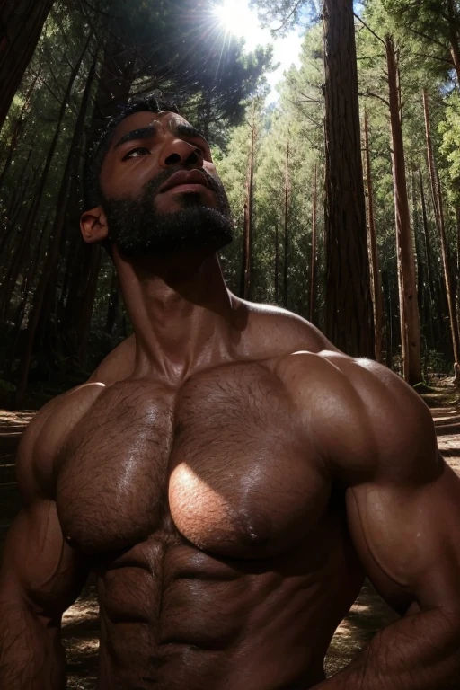 a muscular black man, naked, detailed facial features, detailed skin texture, dramatic lighting, chiaroscuro, cinematic composition, moody atmosphere, high contrast, dramatic shadows, golden hour lighting, rich colors, digital art big penis and this men is gay en el bosque
