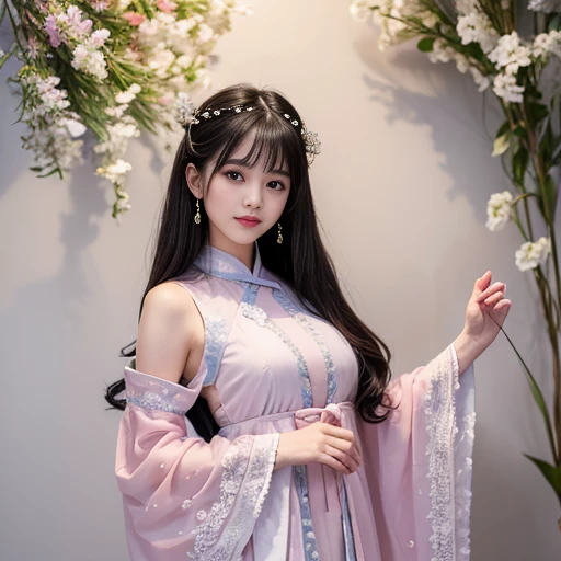 best quality, Delicate face,beautiful visual work, lifelike, eternity, black hair, Long curly hair, blunt bangs, Smile, Detailed Background, Delicate face,pink blush,cold,((masterpiece))、(top quality)、8k、high detail、Super detailed,21 years old female,Wearing wide-sleeved Tang Dynasty Hanfu、Clothes made of chiffon, gauze clothes, Transparent sleeves, Seductive and whimsical style、masterpiece、born、Scenes resembling fairy tale illustrations、intricate details和複雜的設計、Beautifully、magic、capricious、 Beautifully、Dream aesthetics、「𝓡𝓸𝓶𝓪𝓷𝓽𝓲𝓬、ethereal、charming、fickle、magic」、realism、Visual effects、FXAA、SSAO、Shader、voiceless、ambient lighting、Tone mapping、High resolution、Ultra high quality、Million pixels、(8K resolution:1.10)、8k、8k以下、8K resolution、high detail、intricate details, (high quality:1.2、masterpiece:1.2、:1.21)、(21 years old female:1.21)、(興奮地Smile)、(Surrounded by a dreamy atmosphere、Model diagram,full-body shot,Normal 2 feet,Don't show your fingers,Behind the Letting Go, The protrusion of the breast is visible when wearing clothes, Large Breasts, H cup chest, Landscape photos,full-body shot,Green clothes