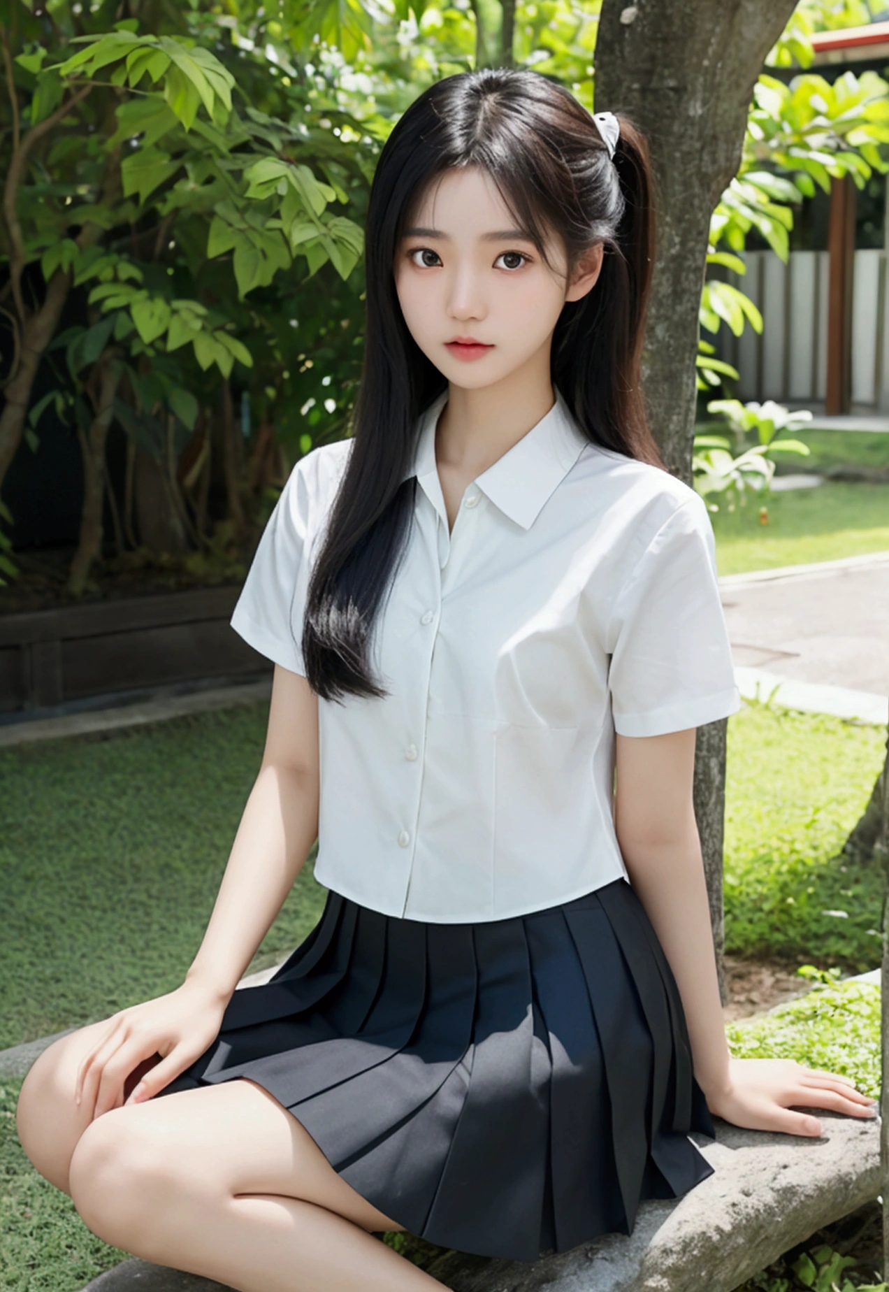 Masterpiece of photograph, a Thai-Japanese girl 18yrs, innocent face no make up, wear white short shirt and black pleated skirt like university uniform, sit on knee with hair and skirt flow, bokeh, fresh and natural feelings, soft wind flow, vibrant color, perfect composition, surreal garden leaf and trees background, photorealism