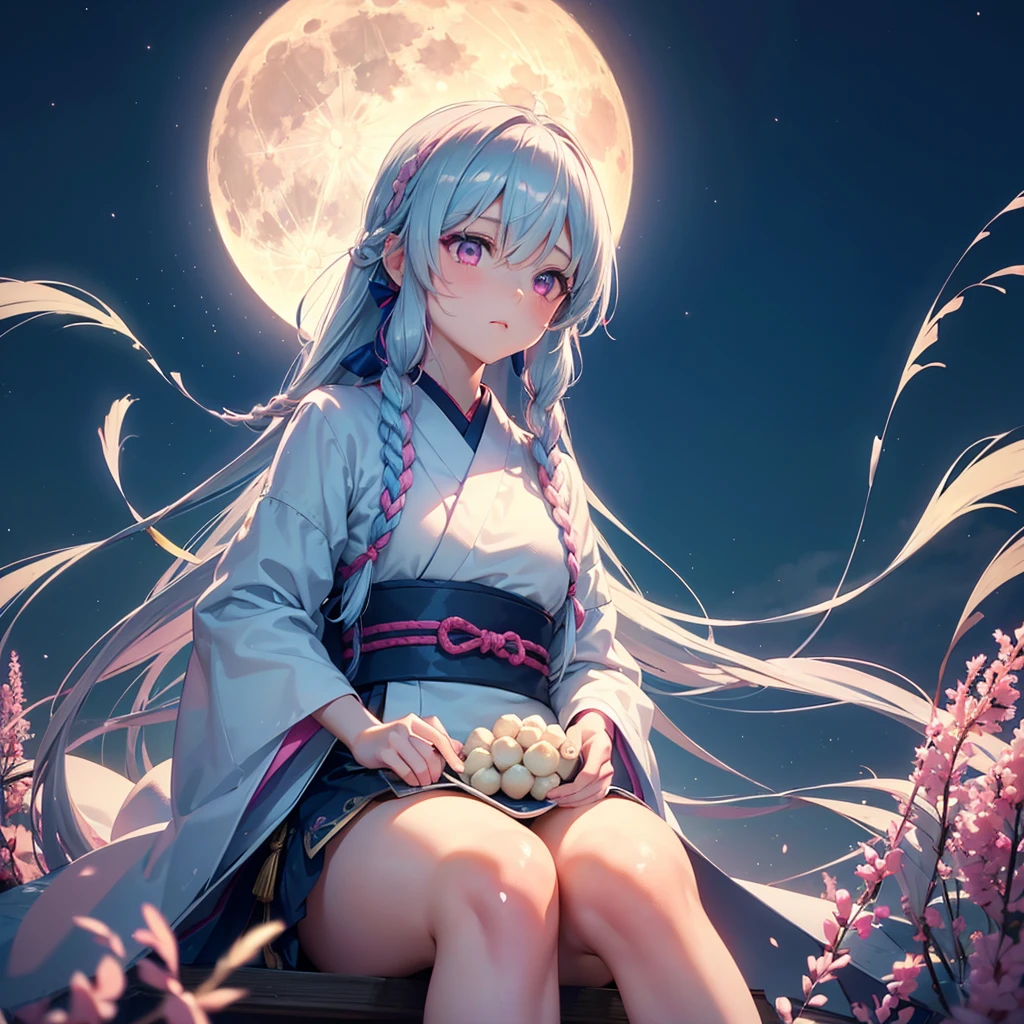 (Sky blue braided hair), (Pink eyes),Fair skin) ,(whole body),(One Girl),(White sweet dumplings ),White round dumplings,Japanese pampas grass,(beautiful, Full moon shining in the night sky),(masterpiece, Highest quality, Very detailed, Best Shadow), (Detailed Background), (Beautifully detailed face), High Contrast, (Best lighting, Very delicate and beautiful), ((Cinematic Light)), colorful, Hyper Detail,8k, Dramatic Light, Intricate details,Sit down and eat dumplings