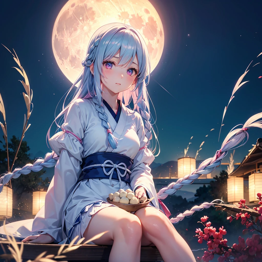 (Sky blue braided hair), (Pink eyes),Fair skin)  ,(whole body),(One Girl),(White sweet dumplings ),White round dumplings,Japanese pampas grass,(beautiful, Full moon shining in the night sky),(masterpiece, Highest quality, Very detailed, Best Shadow), (Detailed Background), (Beautifully detailed face), High Contrast, (Best lighting, Very delicate and beautiful), ((Cinematic Light)), colorful, Hyper Detail,8k, Dramatic Light, Intricate details,Sit down and eat dumplings